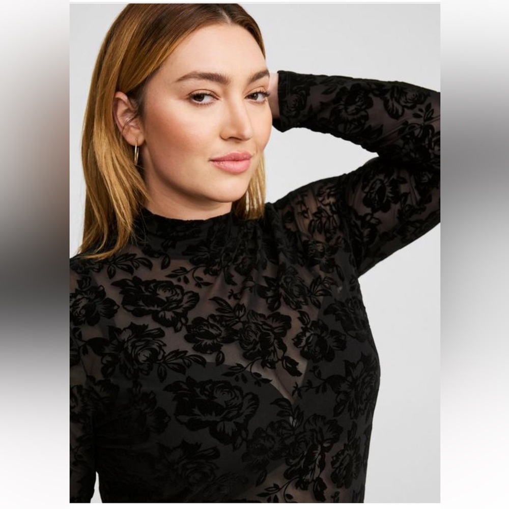 TORRID Flocked Mesh Mock Neck Black Long Sleeve Floral Top Size 1X 14/16 NEW - Picture 4 of 6